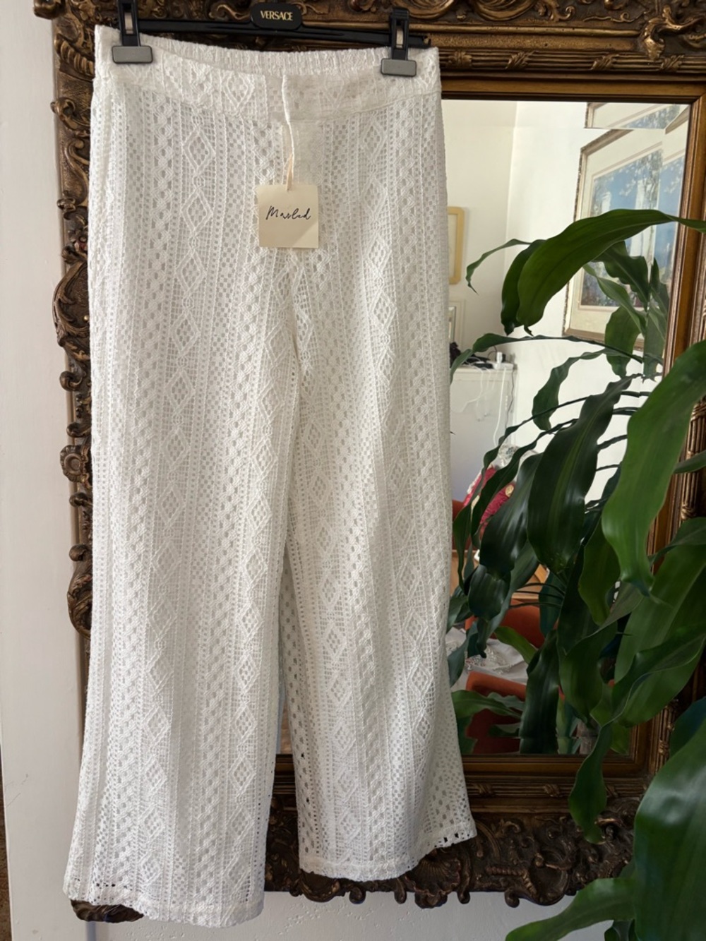 Marled White Crochet Pants with Elastic Waist.